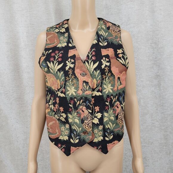 Vintage Floral Tapestry Vest Dogs Otter Pheasant Earthy Tones Dark Academia - Picture 1 of 12